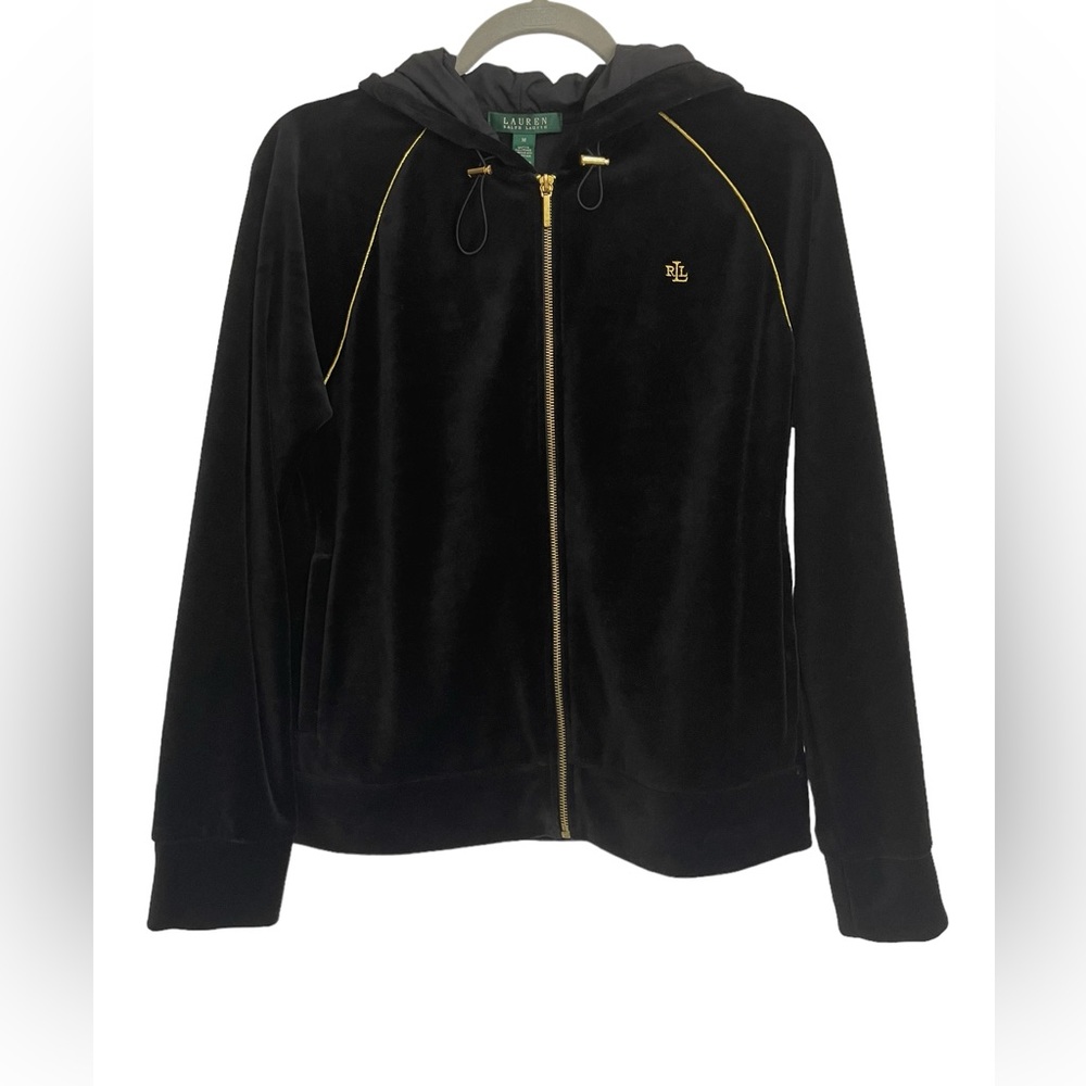 Ralph Lauren Black Velour Zip Hoodie Gold Detail Cotton Blend With Pockets  Sz M